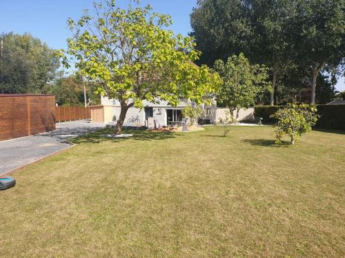 a yard with a tree and a house at Côté Mer - Jardin privatif à 200m de la plage in Ver-sur-Mer