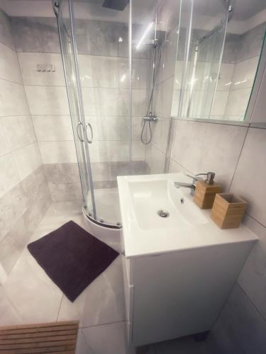 baño blanco con ducha y lavamanos en Komfortowe Apartamenty w Kamienicach - Sercu Miasta Dusznik Zdroju en Duszniki Zdrój