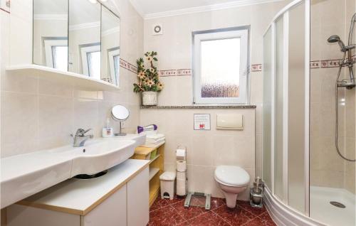 a bathroom with two sinks and a toilet and a shower at Stunning Apartment In Volosko With House Sea View in Volosko