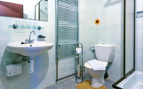 La salle de bains est pourvue de toilettes et d'un lavabo. dans l'établissement Hotel Stará škola na Šumavě, à Hořice na Šumavě