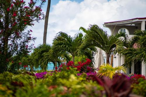 a house with palm trees and flowers in front of it at Antigua Village Beach Resort in Saint Johnʼs