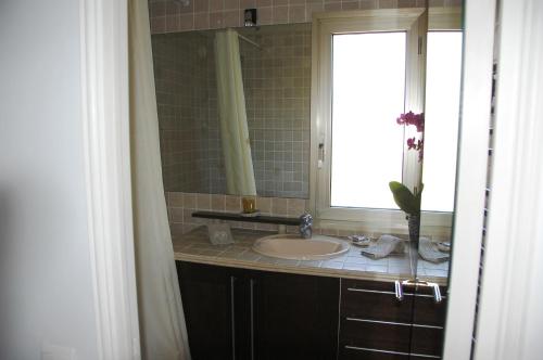 アンティーブにあるAntibes Breguieresのバスルーム(洗面台、鏡、窓付)
