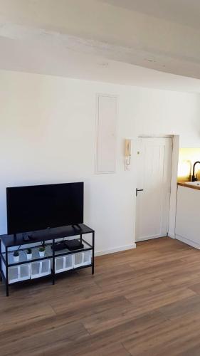 un salon avec une télévision à écran plat sur une table dans l'établissement FleuryLège - calme studio proche de Rouen, à Déville-lès-Rouen