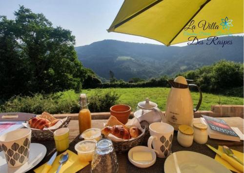 einem Picknicktisch mit Speisen und Getränken und einem Sonnenschirm in der Unterkunft La Villa Des Raspes - Holistique Spa - Adult Only in Viala-du-Tarn