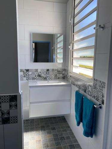 uma casa de banho branca com um lavatório e um espelho em Le Jardin des Ilets em Bouillante
