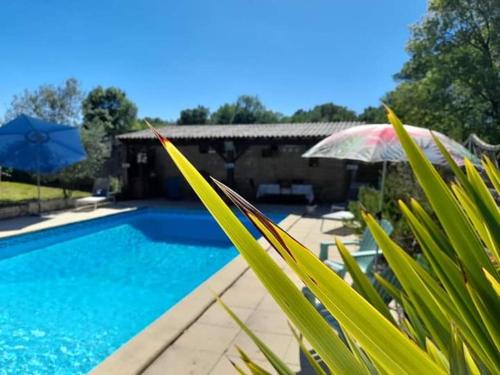 - une piscine avec un parasol à côté de la piscine dans l'établissement Les Demeures de la Laigne, à Allas-Bocage
