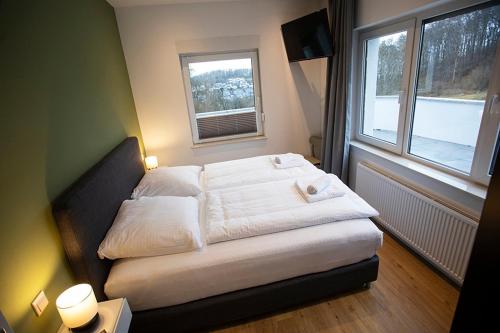 a bedroom with a large bed with a window at Q-Stall am Poppenberg in Brilon