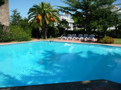 索伦托Villa Francesca Sorrento的一个带椅子和棕榈树的大型蓝色游泳池