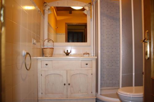 une salle de bain avec un lavabo, des toilettes et un miroir dans l'établissement Apartamentos Rurales Veredas, à Santa Eulalia de Oscos