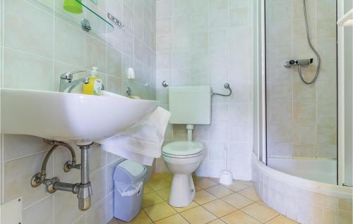 a bathroom with a sink and a toilet and a shower at Amazing Apartment In Medulin With Kitchen in Medulin