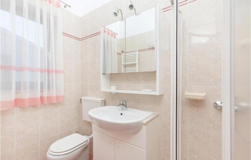 La salle de bains est pourvue de toilettes, d'un lavabo et d'une douche. dans l'établissement Cozy Apartment In Rabac With Kitchen, à Rabac