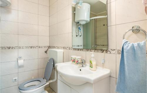 een badkamer met een wastafel, een toilet en een spiegel bij Stunning Home In Unije With Wifi in Unije