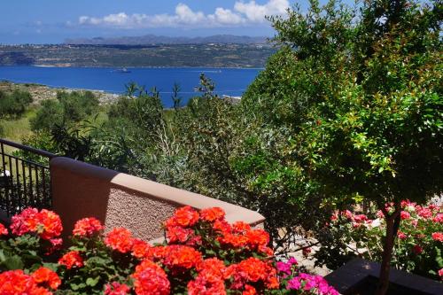 a bench with flowers and a view of the water at Areti Aparthotel in Áptera