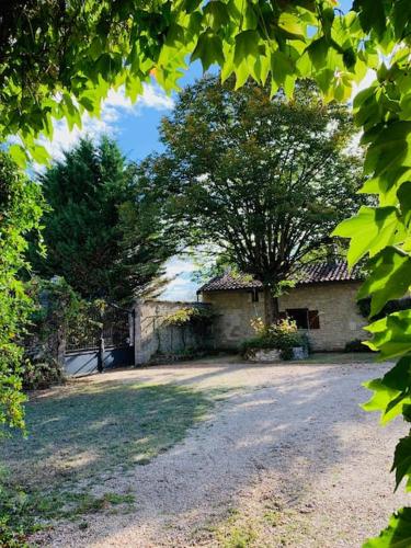 une maison avec un arbre au milieu d'une allée dans l'établissement Uniquely Private Holiday Villa in the Charente, à Puyréaux