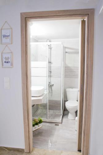 ein Badezimmer mit Dusche, Toilette und Waschbecken in der Unterkunft Ermis Mini Suite # 3 in Chalkida