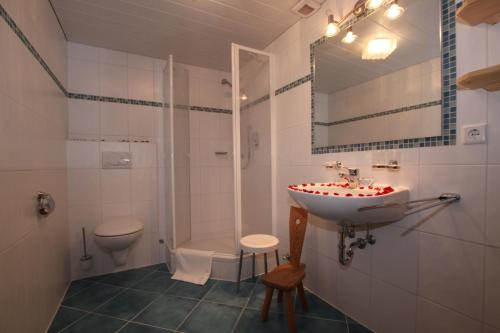 a bathroom with a sink and a shower and a toilet at Gasthof zur Mühle in Leutasch
