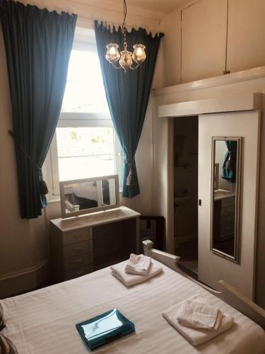 a bedroom with a bed with a mirror and a window at The Purple Tree Guest House in Torquay