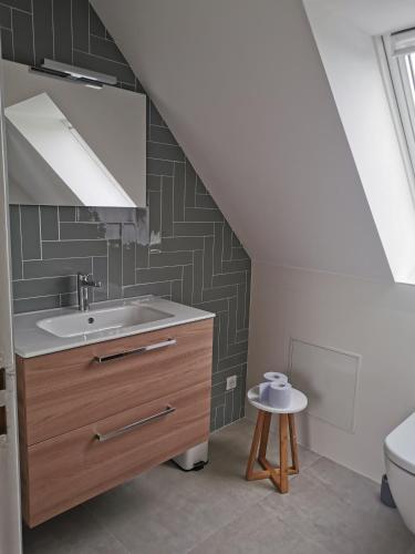 une salle de bain avec un lavabo et des toilettes dans l'établissement Lumineuse Villa à 200m de la Plage, à Audierne