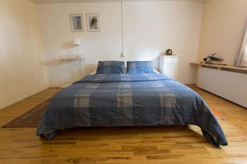 een bed in een witte kamer met een blauw dekbed bij Blier Herne in Gorredijk