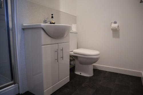 a white bathroom with a sink and a toilet at Harbourside Hotel in Irvine