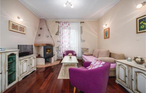 salon z fioletowymi krzesłami i kominkiem w obiekcie Holiday Home Breg V w mieście Raša
