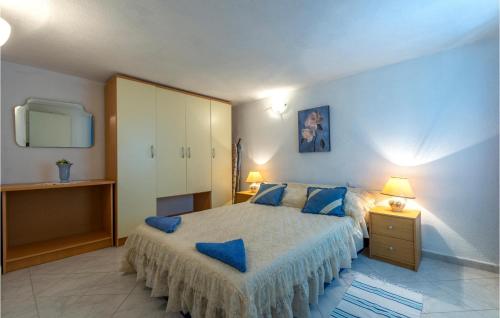 a bedroom with a bed with blue pillows and a tv at Amazing Apartment In Sucuraj With Kitchen in Sućuraj