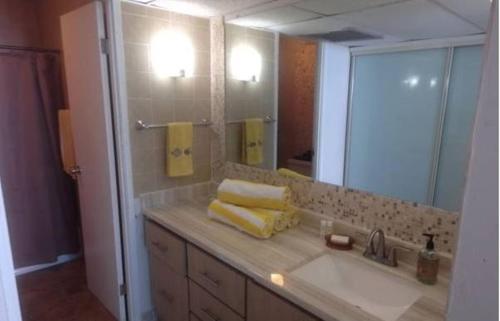 baño con lavabo y espejo grande en Cond. Marina Lanais, en Fajardo