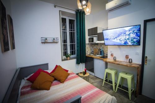 une chambre avec un lit et une télévision au mur dans l'établissement Au Canal du Midi - Appartements au cœur de la ville, à Carcassonne