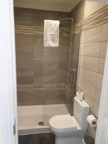 a bathroom with a shower and a toilet and a tub at The Wheatsheaf Inn in Atherstone