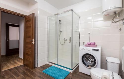 uma casa de banho com uma máquina de lavar roupa e uma cabina de duche em vidro. em Lovely Apartment In Bregi With House Sea View em Opatija
