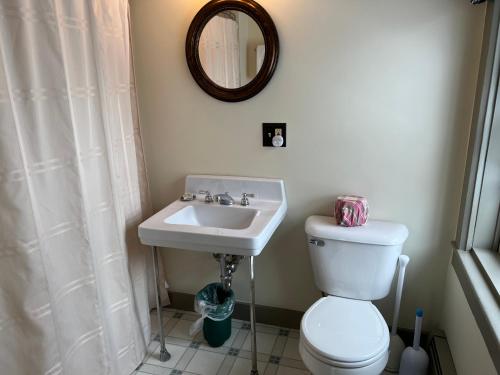 a bathroom with a toilet and a sink and a mirror at Shoreham Inn Bed & Breakfast in Shoreham