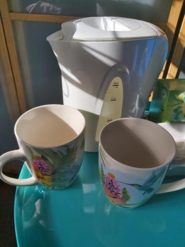 two cups sitting on a counter next to a toaster at Nouvelles chambres très confortables avec réfrigérateur in Anhée