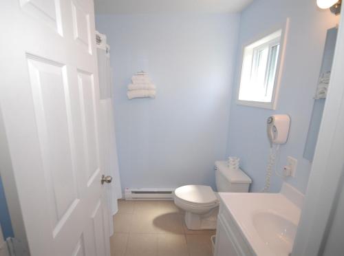 a white bathroom with a toilet and a sink at Wayside Motel in Saint Ignace