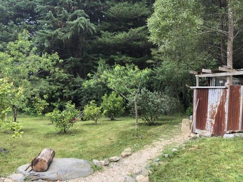 a field with trees and a building and a rock at Golden Bay Glamping in Takaka