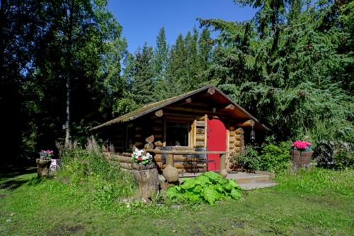 a small cabin with a red door in a field at Hope Alaska's Bear Creek Lodge in Hope