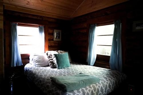 a bedroom with a bed with pillows and two windows at Hope Alaska's Bear Creek Lodge in Hope