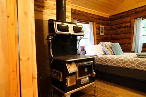 a wood stove in a room with a bed at Hope Alaska's Bear Creek Lodge in Hope