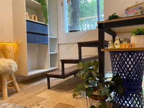 a wooden staircase in a room with a plant at Minicasa Brasileira in Sorocaba