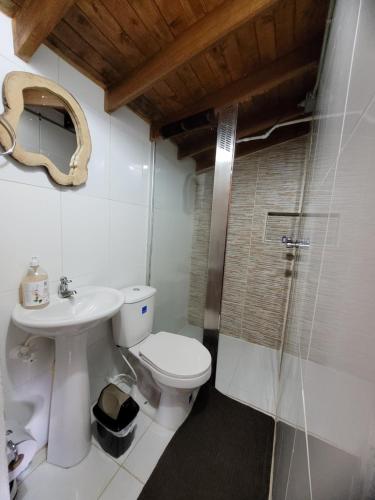 a bathroom with a toilet and a sink and a shower at Refugio en el Bosque in Medellín