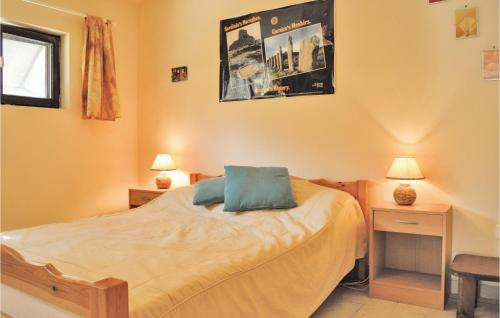 カルカトッジョにあるBeautiful Home In Calcatoggio With 3 Bedrooms And Wifiのベッドルーム1室(青い枕付きのベッド1台付)