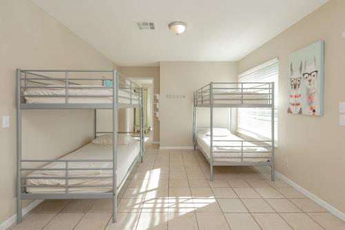 two bunk beds in a room with a window at Seven Bluff Cabins in Concan