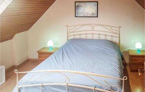 PlouhinecにあるStunning Home In Plouhinec With 2 Bedroomsのナイトスタンドに照明が2つ付いた部屋のベッド1台