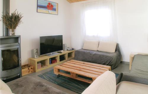 un salon avec un canapé et une télévision dans l'établissement Three-Bedroom Holiday Home In St, Michel En Lherm, à Saint-Michel-en-lʼHerm
