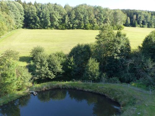 an aerial view of a pond in a field at Ferienwohnung, Schönsee in Schönsee