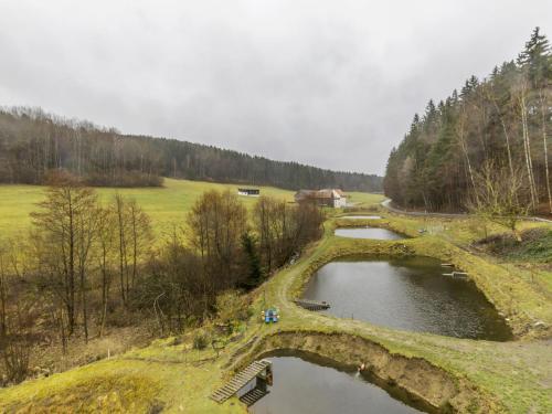 a bridge over a river in a field at Ferienwohnung, Schönsee in Schönsee
