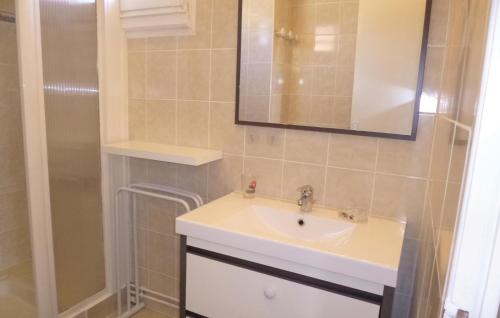 a bathroom with a sink and a mirror and a shower at Beautiful Home In Bernieres-sur-mer With 1 Bedrooms in Saint-Aubin-sur-Mer