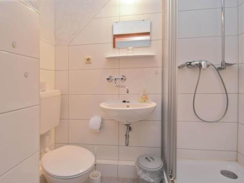 a bathroom with a toilet a sink and a shower at Retreat with Sauna, Hot Tub in Jägersgrün