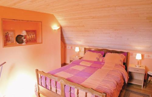 ドゥアルヌネにあるAmazing Home In Douarnenez With 2 Bedrooms And Wifiの木製の壁のベッドルーム1室(大型ベッド1台付)