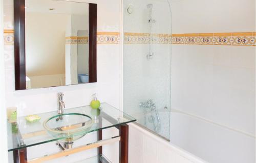 ドゥアルヌネにあるPet Friendly Home In Douarnenez With Kitchenのバスルーム(ガラスの洗面台、シャワー付)