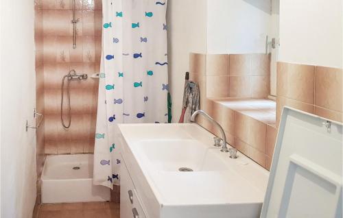 ein Bad mit einem Waschbecken und einem Duschvorhang in der Unterkunft Amazing Home In Plomeur With Kitchen in Kermathéano